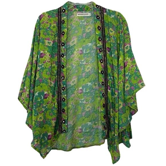 Artisan de Luxe Embroidered Kimono Top Boho Open Front Cardigan Green Floral XS - Picture 1 of 10